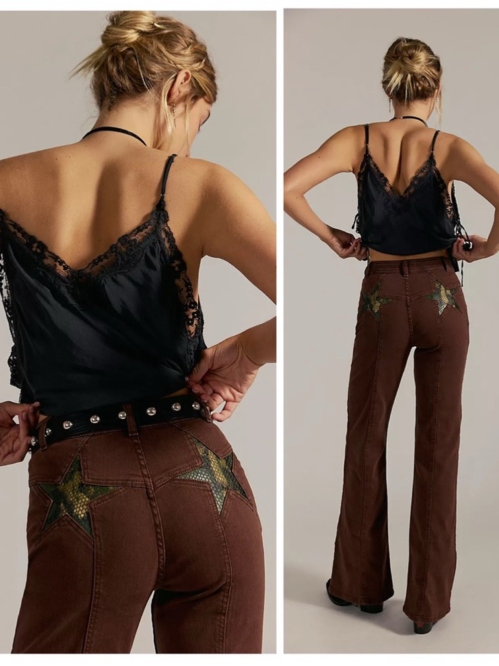 We the Free Firecracker Star Pocket High-Rise Flare Jeans sz 33 brown retro